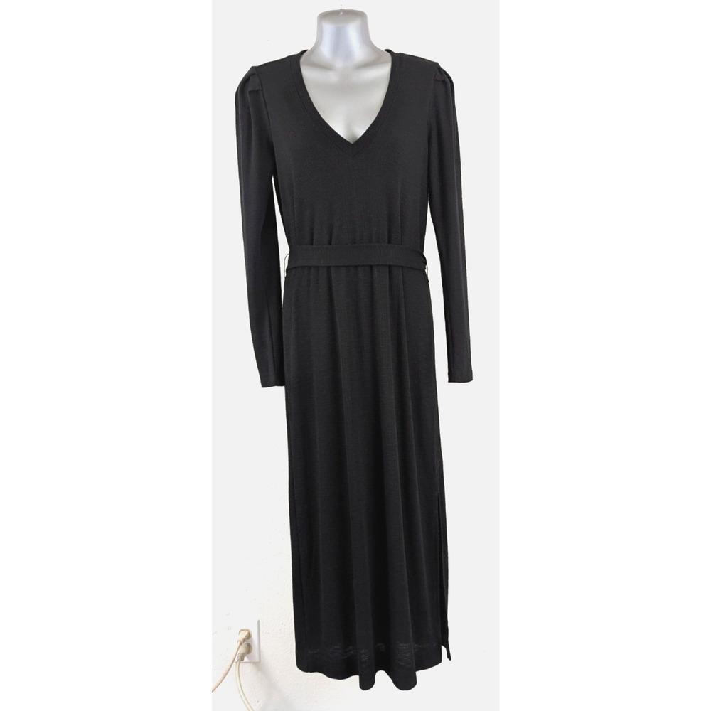 Paige sz XS Istus long puff sleeves v-neck Midi Dress black knit + belt 1688
